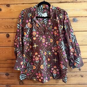 Printfresh Floral Bandana Brown Button Down Long Sleeve top Medium